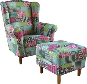 füles fotel puffal, szövet patchwork M1, ASTRID