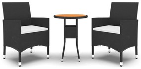 3 részes fekete polyrattan és tömör fa kerti bisztrószett