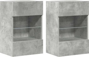 vidaXL 2 db betonszürke fali szekrények LED világítással TV-hez 40x30x60,5 cm