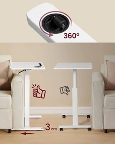 Gurulós ágy melletti asztal, kis állítható magasságú asztal, 70 × 40 cm-es asztallap, fehér