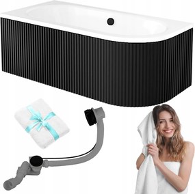 Téglalap alakú kád fekete bordázott burkolattal Besco Avita 150x75 balos szifon