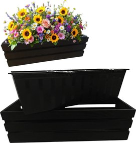 Erkélyláda fa fekete 40cm fedő virágtartó műanyag betét