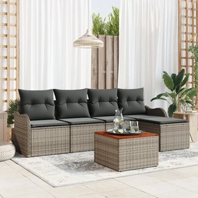 6 részes Kerti Sofa Szett Párnákkal Szürke Poly Rattan Akác, 2-személyes Kerti Sofa Párnákkal Szürke Poly Rattan