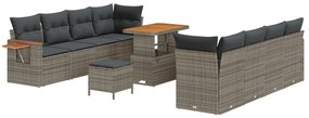11 Részes Kert Kanapé Szett Párnákkal Szürke Poly Rattan Akácia, 3 Részes Kert Étkező Szett Párnákkal Szürke Poly Rattan Akácia