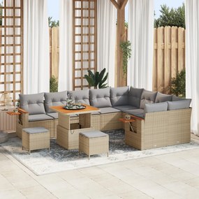 12 Darabos Kert Sofa Készlet Párnákkal Bézs Poli Rattan Akácia, 3 Darabos Kert Étkező Készlet Párnákkal Bézs Poli Rattan Akácia