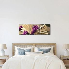 Kép egy könyvröl és a lila virágok (órával) (90x30 cm)