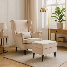 Elegáns Füles Fotel Lábtartóval, Bézs Bársony Kárpittal. EVAN 2