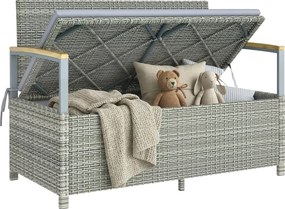Outsunny 2 személyes rattan kerti tárolós pad, 170 L belső, mosható párna, háttámla és akácfa karfák, gázrugós fedél — világosszürke | Aosom