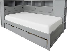 Ágy polcokkal és pótággyal, szürke, 90x200, LENDON