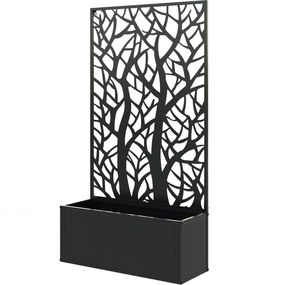 Outsunny Nagy Kültéri Fém Virágtartó Díszes Levél Magányságvédő Panellel, Falra Szerelhető vagy Szabadon Álló Virágtartó Teraszra 61x23x113 cm Fekete