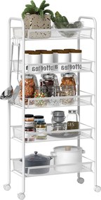 HOMCOM Helytakarékos 5-szintes Konyhai Kocsi Acél Hálós Kosarakkal, Tároló Kocsi Nappaliba és Hálószobába, Acél, 45x26,5x106 cm, Fehér | Aosom