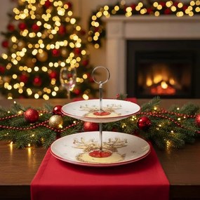 rénszarvasos karácsonyi kerámia emeletes süteményestál kínáló