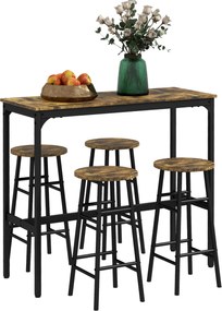 HOMCOM 4 Fős Téglalap Asztal Szett Székekkel, 4 Puffal MDF-ből és Acélból, Puffok Ø30x60 cm és Téglalap Asztal 105x40x90 cm, Fekete és Rusztikus Barna
