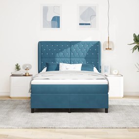 Boxspring Ágy Matraccal Sötét Kék - 140x200 cm - Bársony