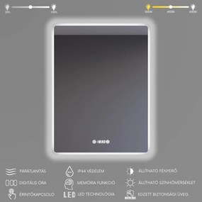 Álló fürdőszobai LED tükör 60x80cm | Páramentesítő - Óra - Fényerő és színhőmérséklet szabályozás | Welland Kath