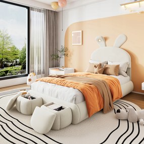 Kárpitozott ágy Gyerek egyszemélyes ágy Led 2pad tárolóval Fehér