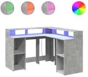 betonszürke szerelt fa íróasztal LED-világítással 130x130x91 cm