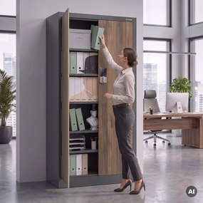 Fém irodai szekrény kódzárral, antracit, dió, 900x1850x400 mm: DANIEL Eco Design