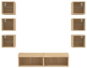 8 darab füstös tölgy színű szerelt fa TV-bútor LED-del