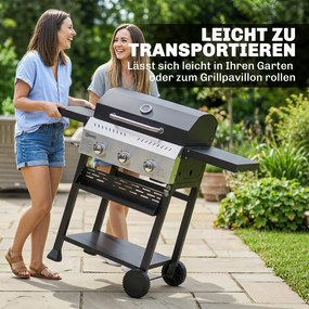 Gázgrill 9 KW 3 égős BBQ grillkocsi rozsdamentes acélból, összecsukható oldalsó asztallal, fűszertartóval