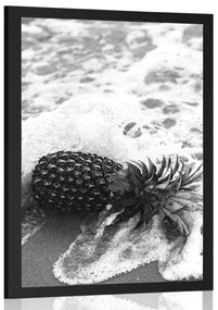 Poszter ananász az óceán hullámában fekete fehérben