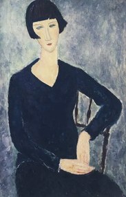 Reprodukció Young woman with a fringe or young seated woman in blue dress, Modigliani, Amedeo