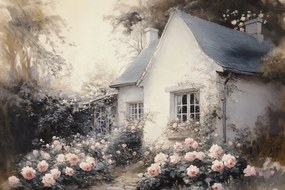 Vászonkép Canvas Tájkép Falu Ház Kunyhó Kert Virágok Rózsák 60x40