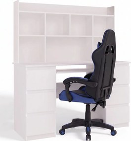 KUBA íróasztal 130x51x146 cm, felső polccal, fehér + Remus székkel, fekete-kék
