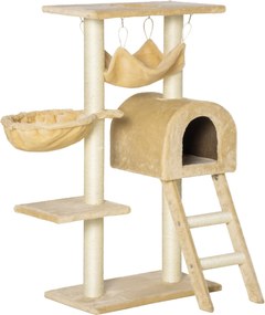 PawHut Macska Kaparófája 98 cm Magas Mászó Torony Bújó Kosárral, Hintaággyal, Lépcsőkkel és Természetes Szizál Posztokkal 54x29.5x98 cm Bézs | Aosom