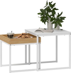 HOMCOM 2 részes Kávasztal Szett, Négyzet Alakú Oldaltábla, Kávasztal Acél Vázsal, Modern Dizájnnal, Nappaliba, Legfeljebb 30 kg Teherbírás, Fehér + Tö
