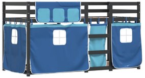 kék tömör fenyőfa emeletes ágy függönyökkel 90 x 200 cm