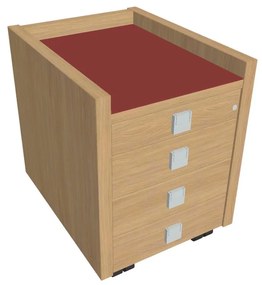 Verno mobil konténer 47 x 60 cm üveggel, 4 fiók, világos tölgy / piros