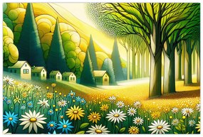 Kép - Falu sárga-zöld színekben (90x60 cm)
