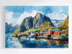 Vászonkép Canvas Norvégia Fjordok Hegyek Lofotok Házak Akvarell 60x40