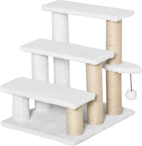 PawHut Macska Lépcső 3-Lépcsős Kiskutya Lépcső Szőrhúzó Posztokkal és Játék Beadással 5 kg-ig Könnyű Juta Fehér 45 x 40 x 48 cm | Aosom