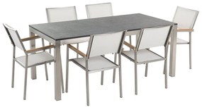 Hatszemélyes fekete gránit étkezőasztal fehér textilén székekkel GROSSETO Beliani