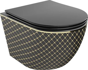 Mexen Lena Rimless WC csésze lassan záródó vékony ülőkével, duroplast, fekete matt/arany rácsmintás - 30224079