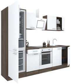 Yorki 270 konyhablokk yorki tölgy korpusz,selyemfényű fehér front alsó sütős elemmel alulfagyasztós hűtős szekrénnyel