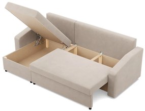 Zeus sarokkanapé, 2 ágyneműtartóval, döntött kartámasz, bársony, univerzális oldal, bonell töltet, bézs