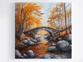 Canvas Vászonkép Tájkép Ősz Erdő Fák Folyó Kőhíd 80x80
