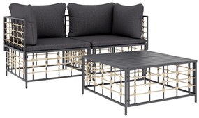3 részes antracitszürke polyrattan kerti ülőgarnitúra párnákkal