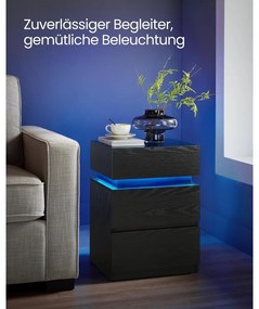 VASAGLE éjjeliszekrény LED világítással, állítható színű fény, 3 fiókos oldalasztal, 35 × 40 × 55 cm, fekete
