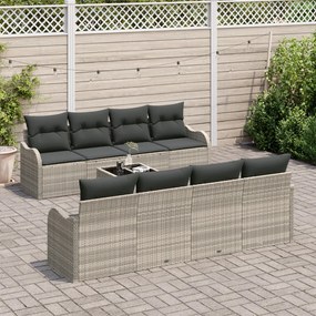 9 Részes Kerti Kanapé Szett Párnákkal Világosszürke Poli Rattan, 2-Fős Kerti Kanapé Párnákkal Világosszürke Poli Rattan