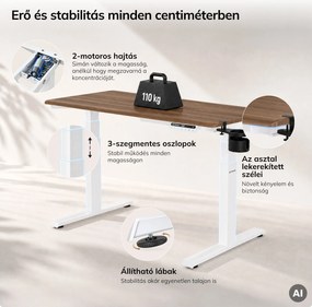 Elektromos, állítható magasságú, ergonomikus, fehér/dió íróasztal,1200x600 mm: ARIA