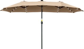 Outsunny Kétszemélyes Virágzású Napernyő 48 Napelemes LED Fénnyel, 450x265x240 cm Teraszon Használható Napernyő Kíváló Védelmét Nyújt a Teraszon, Balk
