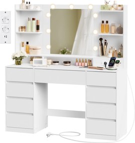 KAILYN LED Fésülködő asztal, tükörrel ellátott sminkasztal, 9 fiókkal, felhőfehér színben