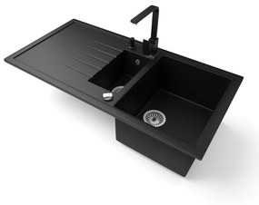 Gránit mosogató - Nero Solarys + Design csaptelep + adagoló + dugókiemelő (matt fekete)