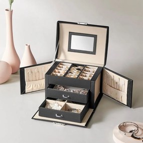 Ékszerdoboz, zárható ékszertartó 2 fiókkal, fekete