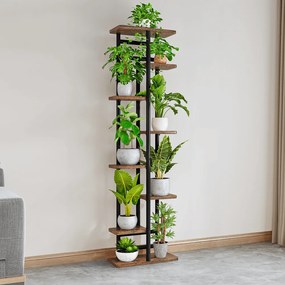 Fém virágállvány, fekete/rusztikus fa, LEDOR TYP 4