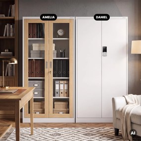 Fém szekrény vitrinnel, fehér, sonoma tölgy, 900x1850x400 mm: AMELIA Eco Design